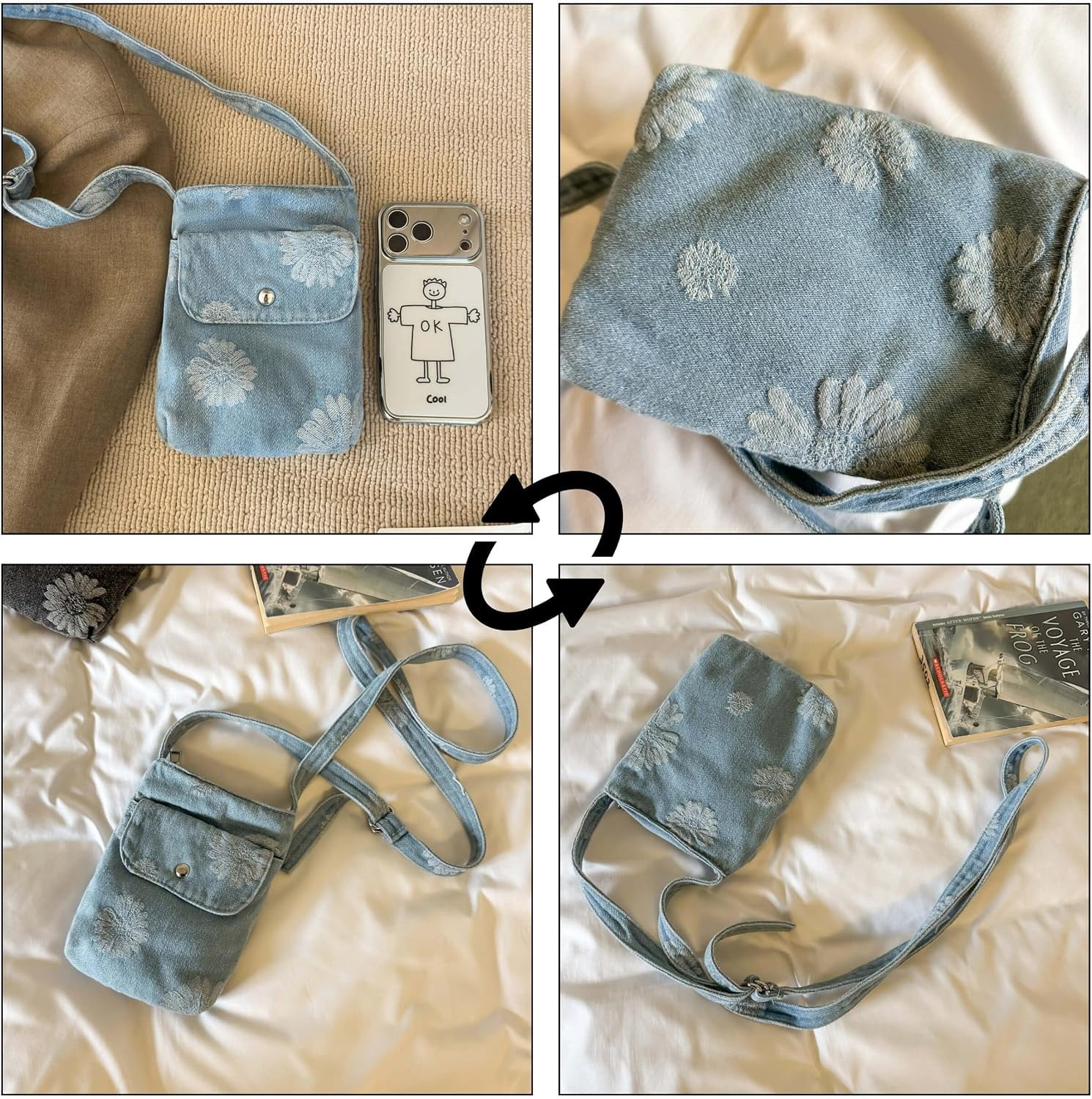 Sunyuer Women Vintage Denim Mini Crossbody Bag, Cute Daisy Floral Embroidery Cell Phone Purse, Lightweight Casual Shoulder Handbag with Adjustable Strap for Daily Travel Shopping