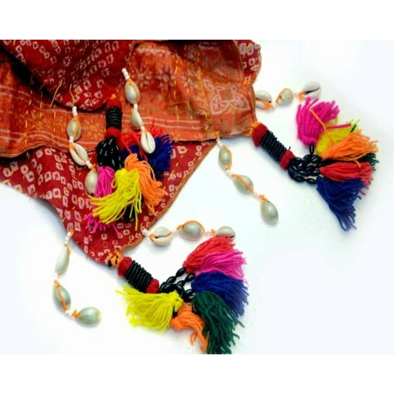 Vintage by Kantha Silk Scarf, One-of-a-kind with Cowrie Shell Pom Pom Tassel Borders