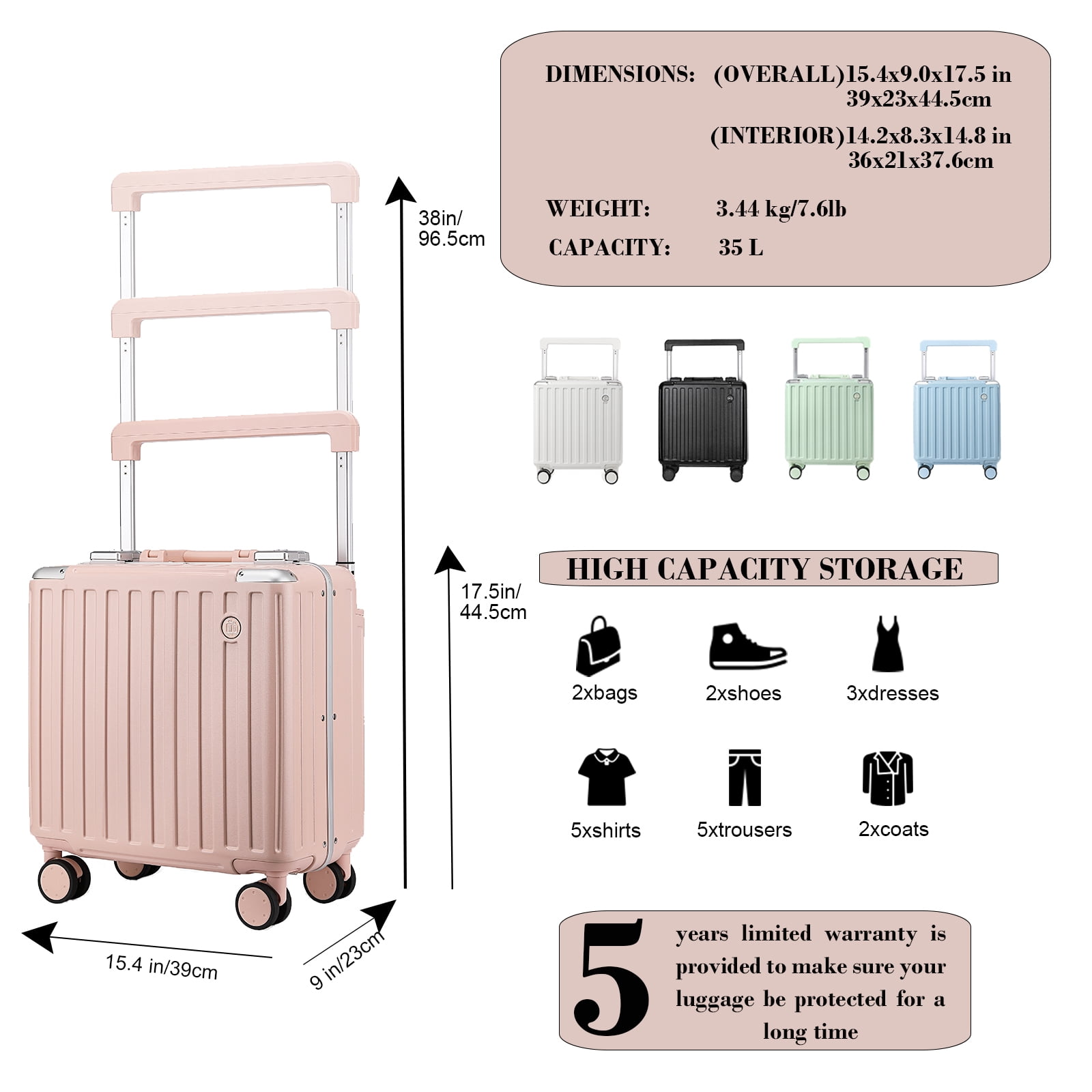 Somago Aluminum Frame 18" Carry On Luggage Wide Handle Suitcase Built-In Double TSA Lock Hardside Lightweight PC Travel Suitcase with Spinner Wheels