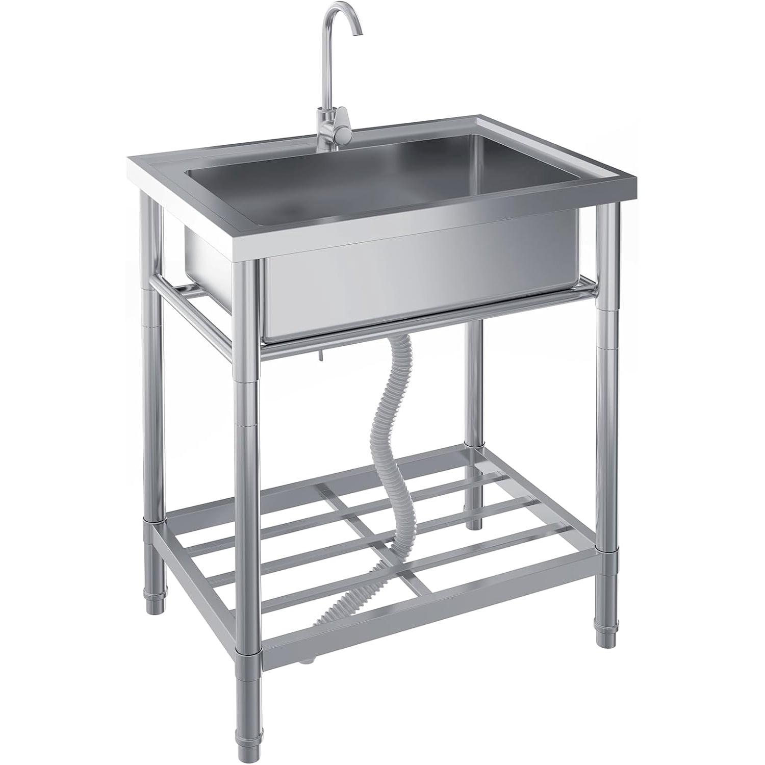 AOILE Free Standing Stainless Steel Utility Sink with Hot & Cold Water Pipes, Single/Double Bowl, Commercial Laundry & Kitchen Sink with Workbench