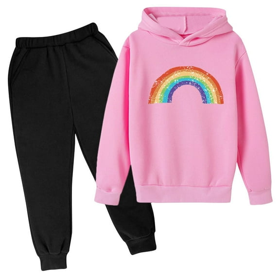 Eltusu Girls Outfit Sets 2 Pieces, Pullover Long Sleeve Casual Hoodies and Sweatpants Set Pink Size 6 T