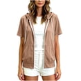 thumbnail image 2 of vzibsiv Womens Full Zip Short Sleeve Hoodie With Kangaroo Pocket,Khaki XL, 2 of 7
