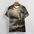 thumbnail image 3 of Lighthouse Sunrise Coast Scenery Pale Blue Tan Womens Tops Women's Fashion Casual Short Sleeve Flower Print Round Neck Pullover Top Blouse, 3 of 6