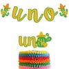 Uno Birthday Cake Topper Uno High Chair Banner Mexican Fiesta Cinco De Mayo Cactus Taco Bout Theme for Kids Boy Girl First One Year Old Happy Birthday Party Supplies Glitter Decorations