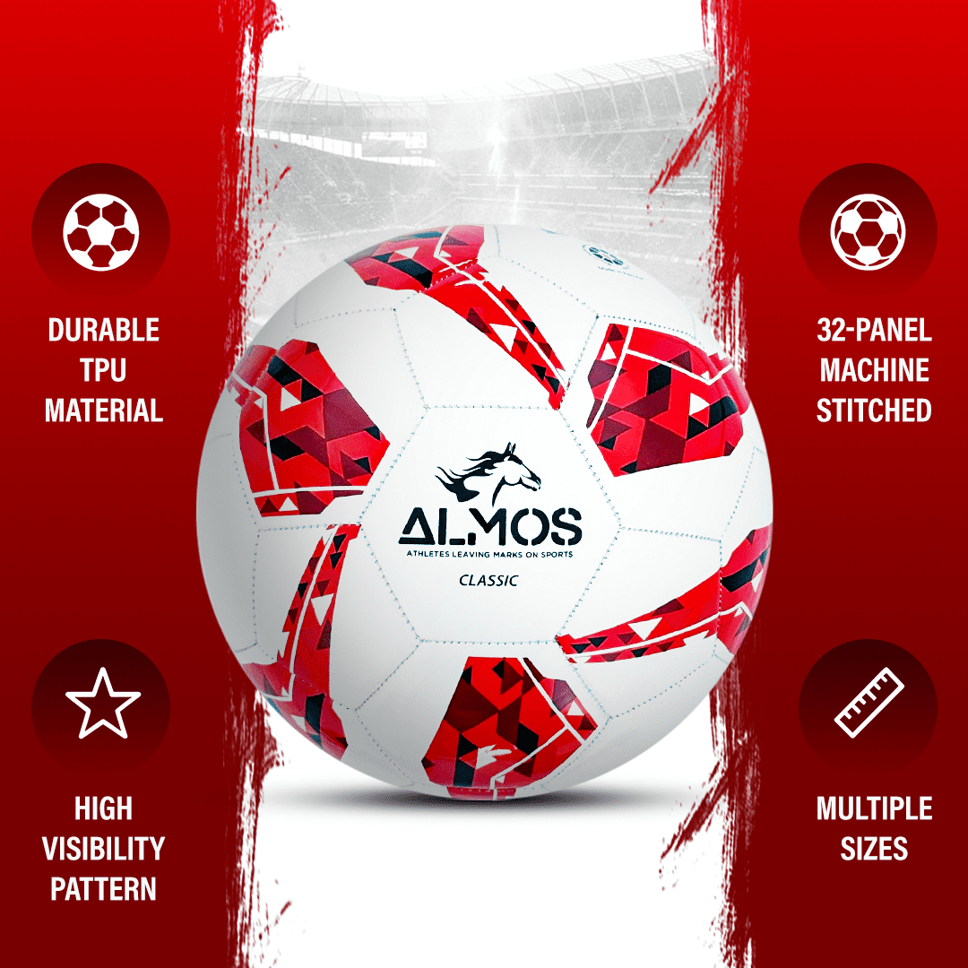 Almos Classic 32 Panel Soccer Ball, for Indoor and Outdoor, Red,  Size 5