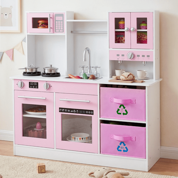 INFANS Kids Kitchen Play Set, Wooden Pretend Play Kitchen with Realistic Lights Sounds Coffee Maker Dishwasher Microwave Oven Foldable Fabric Drawers, Toddler Cooking Toys for Boys Girls