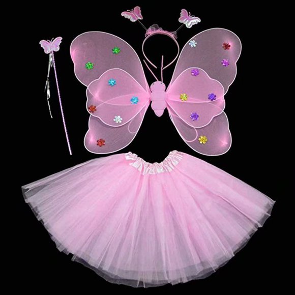 Girls Fairy Wings Butterfly Costume Set with Wings, Tutu, Wand & Headband, Pink