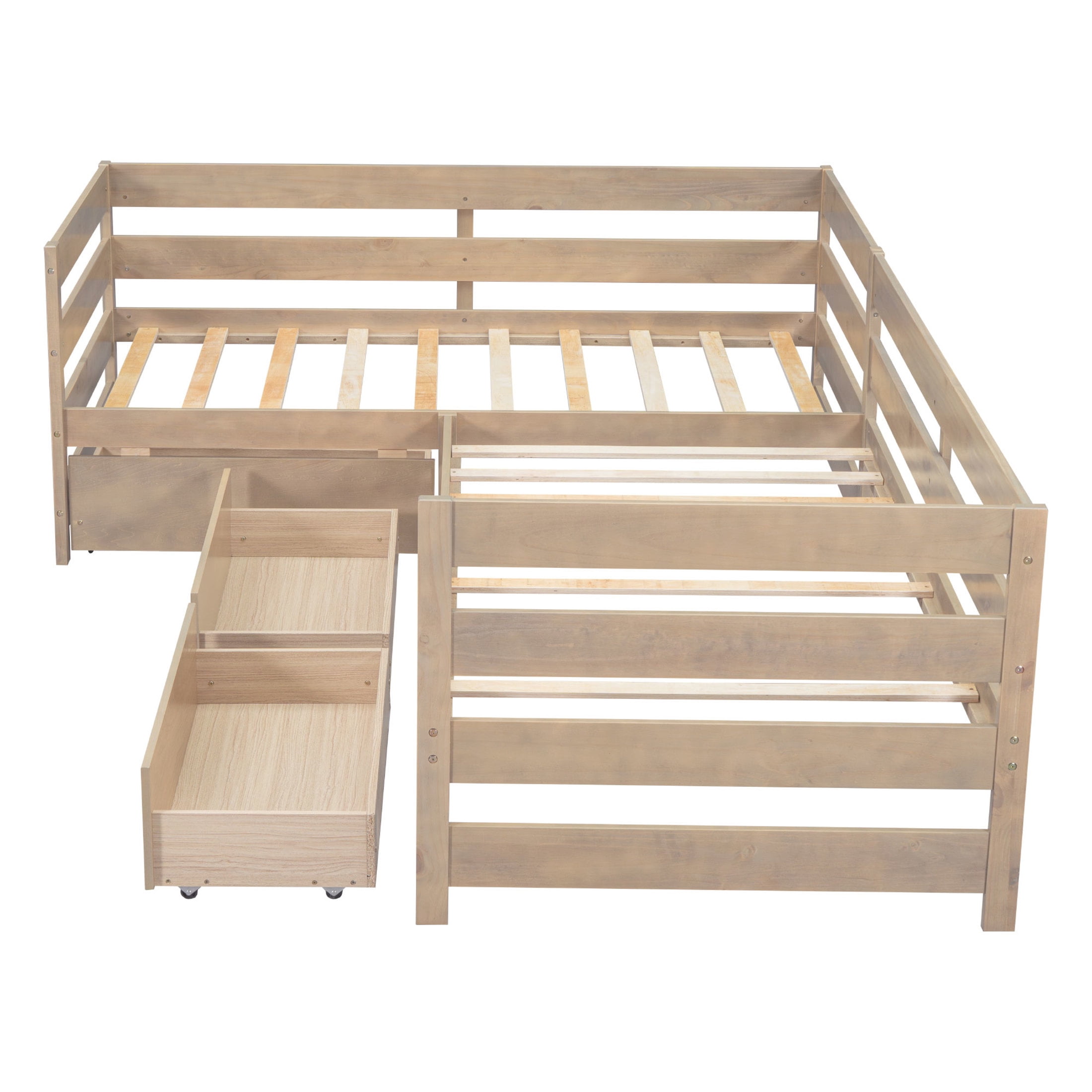 Noble House Carter Twin L-Shaped Platform Bed with 3 Storage Drawers, Solid Wood Corner Bed Frame, Natural