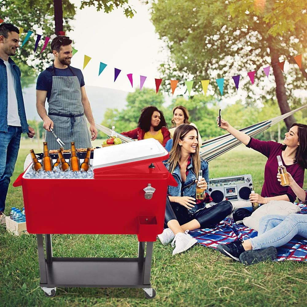 Red Tenive 80-quart Retro Cooler Patio Rolling Matel Cooler Steel Ice Chest Portable Patio Party Bar Drink Entertaining Outdoor Cooler Cart 