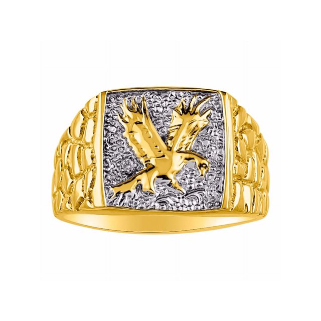 RYLOS Men's Yellow Gold Plated Silver Ring with Diamonds, Featuring Designer Patriotic Eagle Design - Handsome Men's Silver Rings Size 11