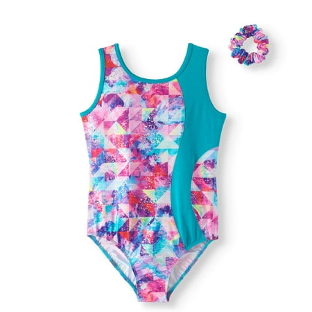 Danskin Now Girl's Mosaic Bouquet Printed leotard with blue piecing and strappy