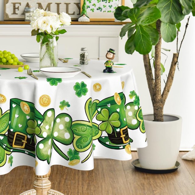 St. Patricks Day Tablecloth 60×60 Inch Round, Clover Shamrock Hat White Washable Table Cover for Party Picnic Dinner Decor