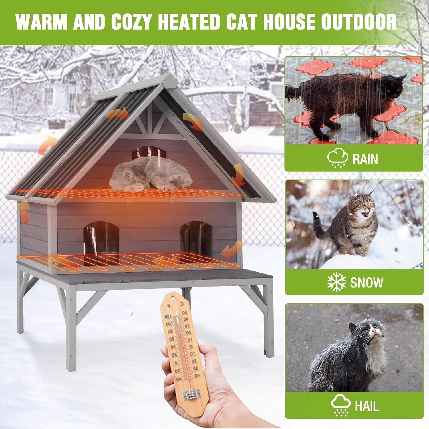 Aivituvin Heated Cat House 2-Level Large Outdoor Cat House Insulated Weatherproof Feral Cat Shelter with 2 Heating Pads, Insulated All-Round Thermal Liner, Large Porch, 3 Escape Doors for 1-6 Cats