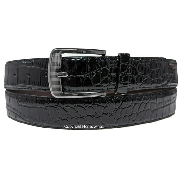 Men Black Faux Alligator Crocodile Skin Leather Belt