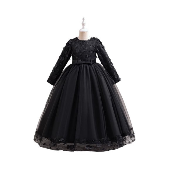 Girls Elegant Long Sleeve Lace Flower Dress for Special Occasions Wedding Party Floor Length Gown with Bow and Embroidered Details