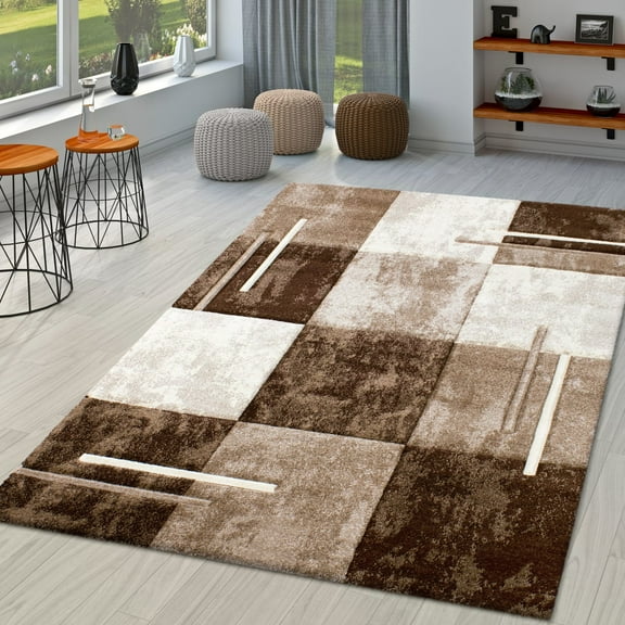 Modern Area Rug with Checkered Pattern in Brown Beige