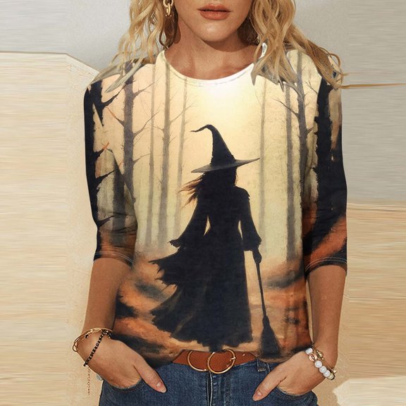 Uootdi Halloween Womens Tops Crew Neck Witch Bat Print 3/4 Sleeve Tops for Women Plus Size Loose Fit Autumn Outdoor Trip Lightweight Womens Blouses Gift