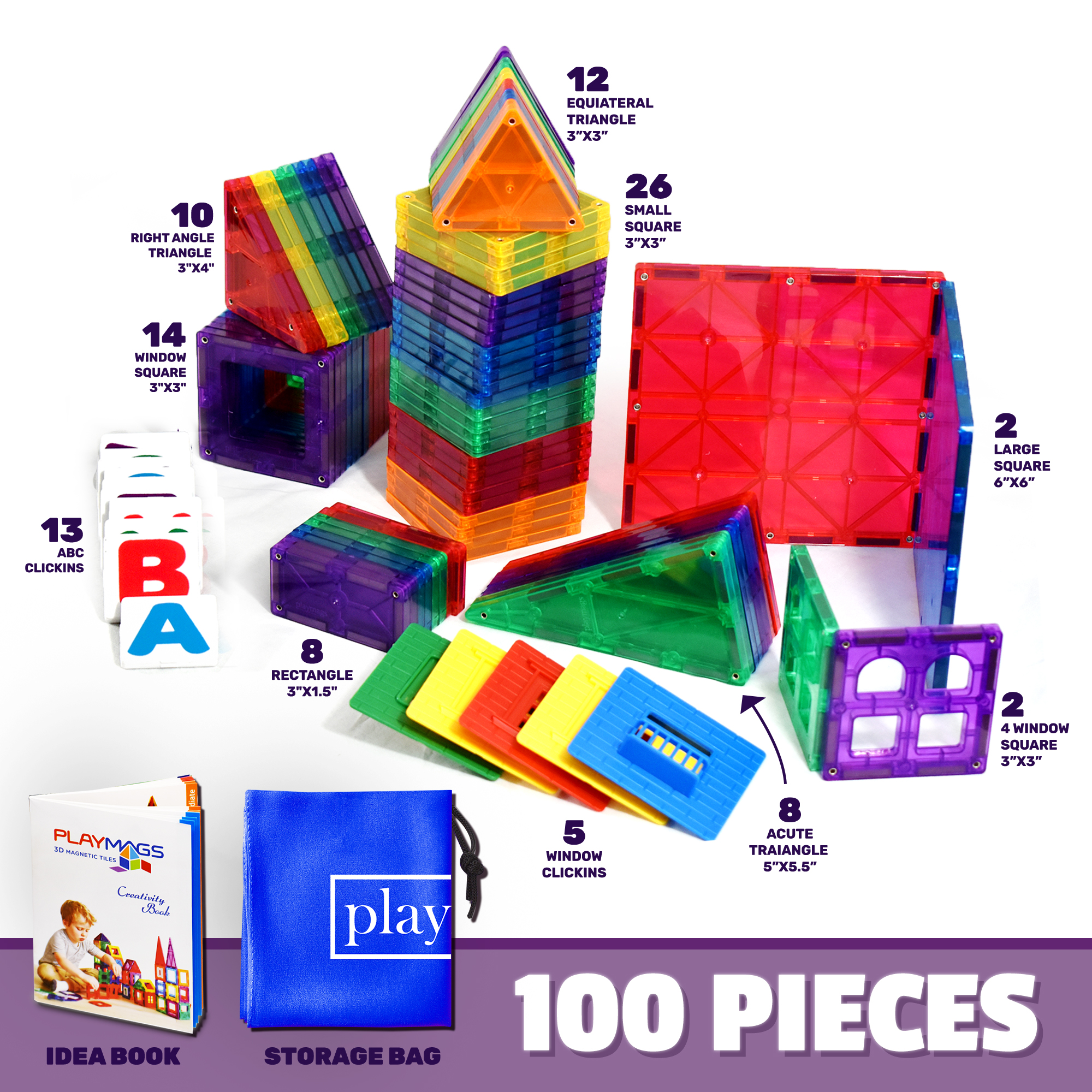 Magnetic tiles 100-Piece Clear Colors Set – The Original, Award-Winning Magnetic Building Tiles – Creativity and Educational - image 2 of 7