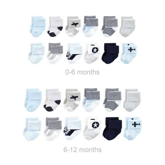 Luvable Friends Infant Boy Grow with Me Cotton Terry Socks, Airplane, 0-6 and 6-12 Months