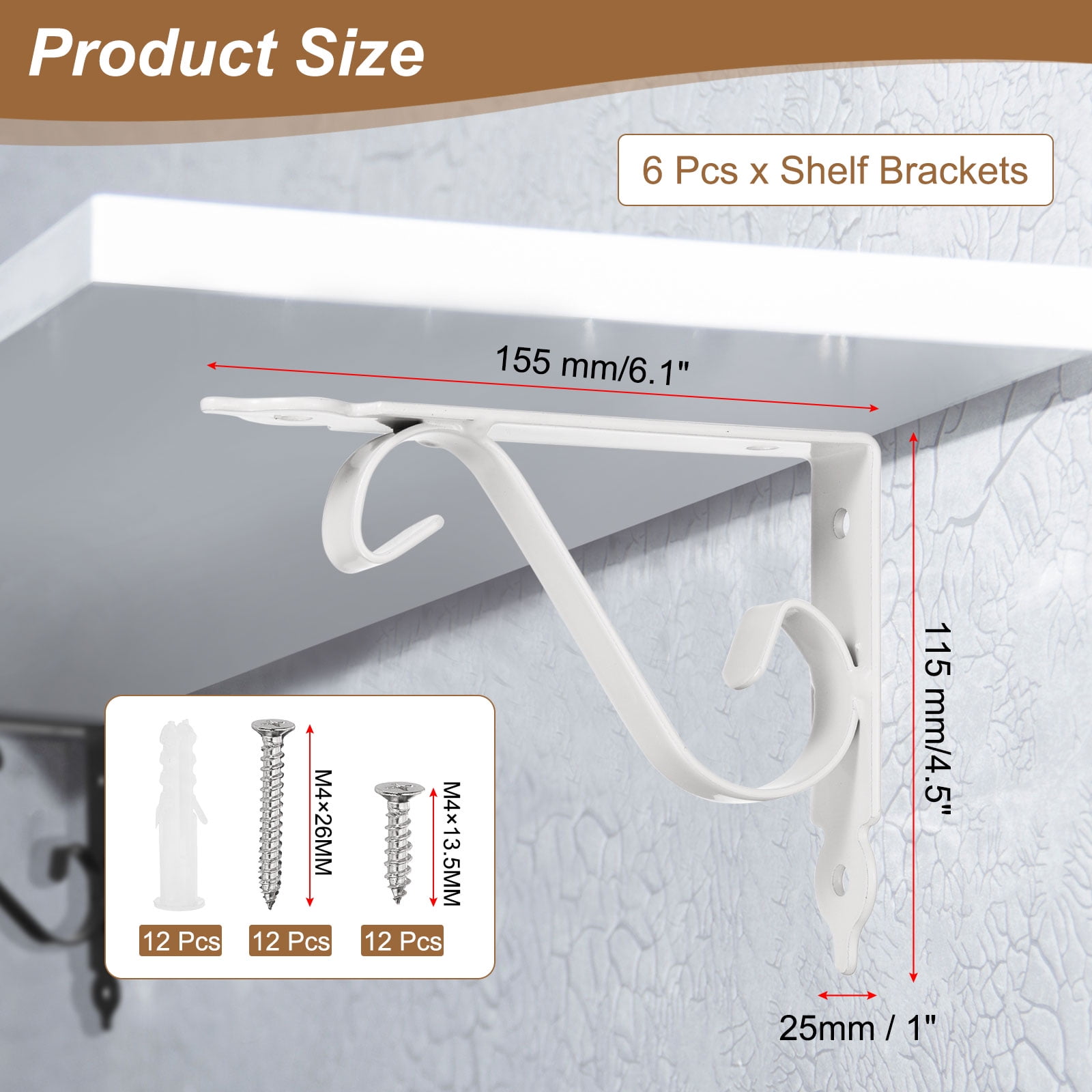 Uxcell 6 Pcs Decorative Shelf Brackets, 150mm/6 Inch Heavy Duty Floating Shelf Brackets for Wall Bookshelves Shelves Support, White