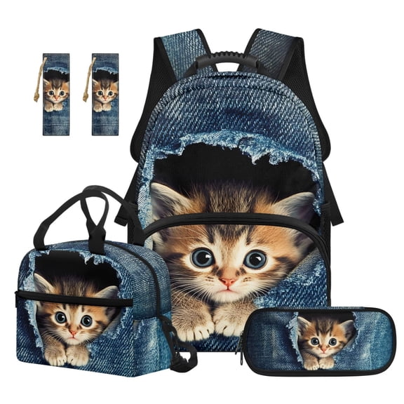 Jeiento Peeking Cat Backpack And Lunch Box Set for Kids 4 Piece 17 Inch School Backpack, Lunch Bag, Pencil Case, Bookmark for Boys Girls Primary Elementary School