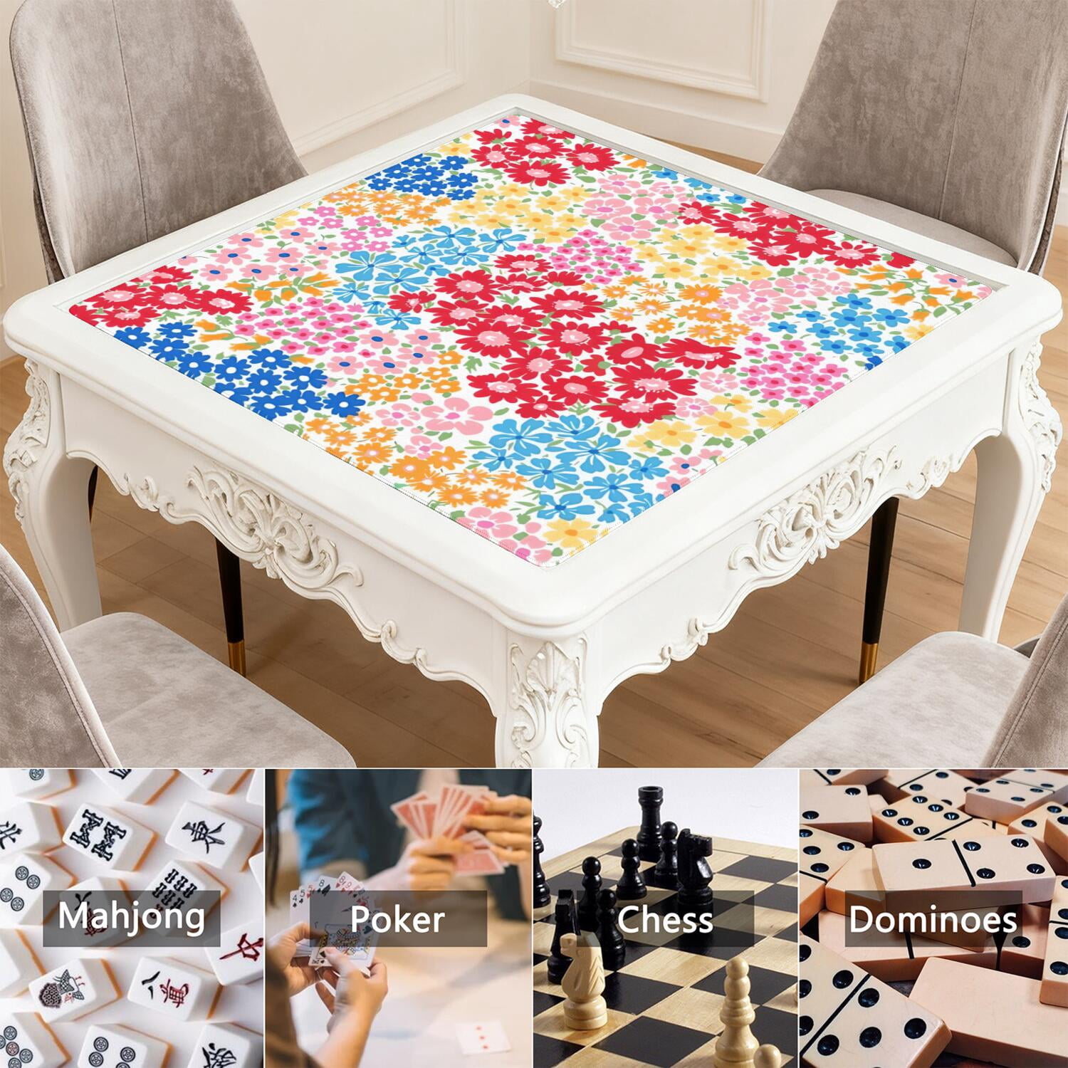Boho Style Multi-Purpose Rubber Game Surface 31.5x31.5 Inch Mahjong Table Cover Features Non-Slip Backing and Noise Dampening for Game Room Activities