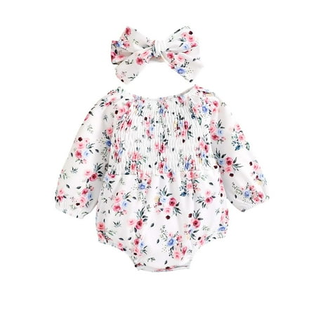 

Odeerbi Baby Bodysuit Layette Onesies for Toddler Girls Boys Floral Long Sleeve Romper Jumpsuit Infant Romper With Headband White