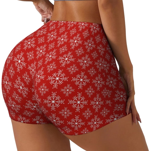 Kdxio Shorts Imprimés Flocons de Neige Rouges et Blancs pour Femmes Contrôle du Ventre Haute Exercice Entraînement Lissage des Fesses Shorts pour Femmes-Moyen