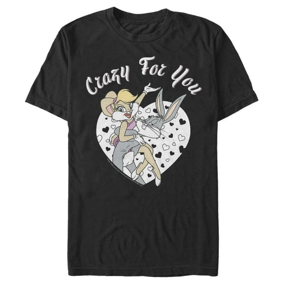 Men's Looney Tunes Valentine's Day Bugs Bunny and Lola Bunny Crazy for You Graphic Tee Black 2X Large