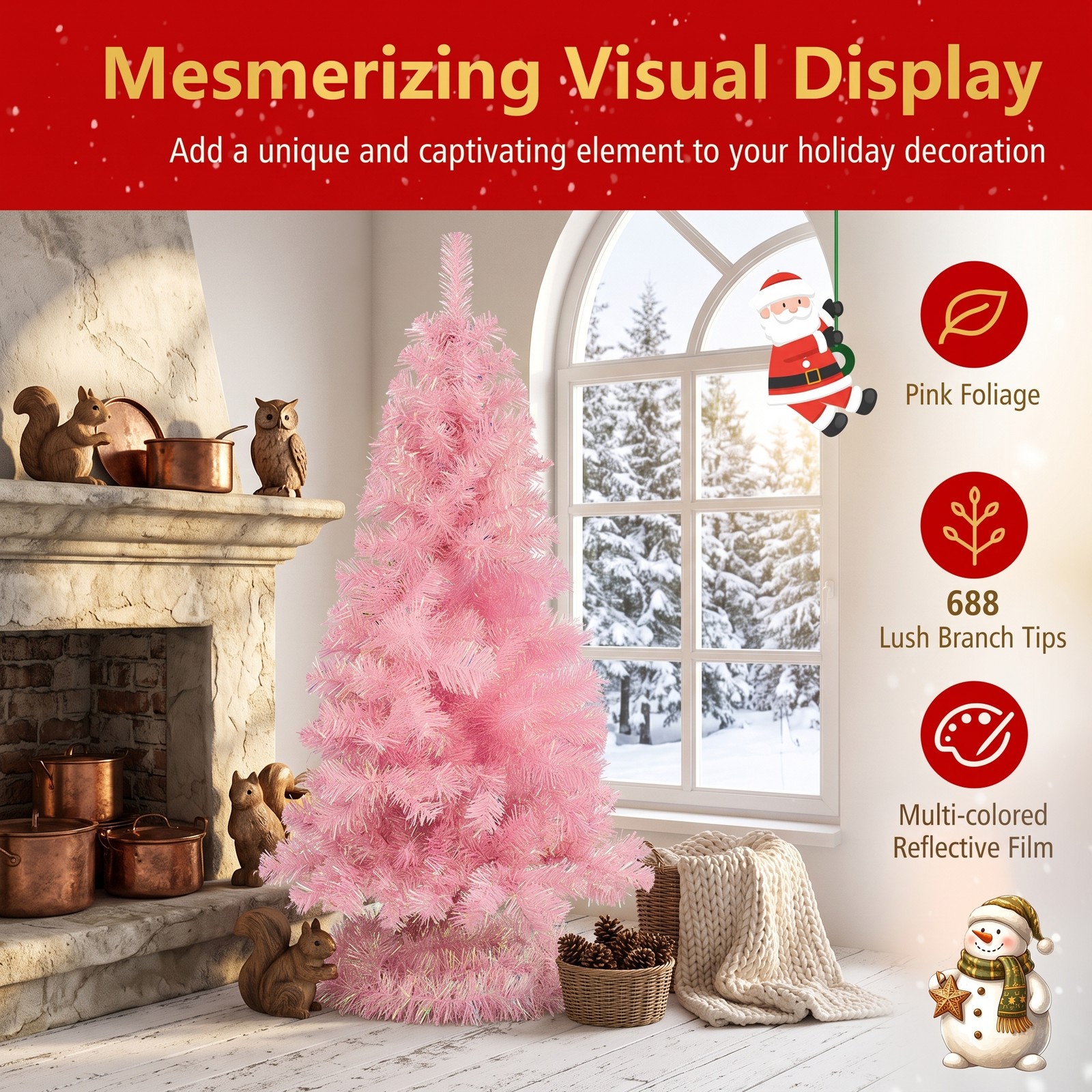 RUIE 6ft Pre-Lit Tinsel Christmas Tree, Artificial Xmas Tree with 250 Warm White LED Lights, 688 Lush Branch Tips, 8 Lighting Modes, Metal Base Holiday Decoration, Pink