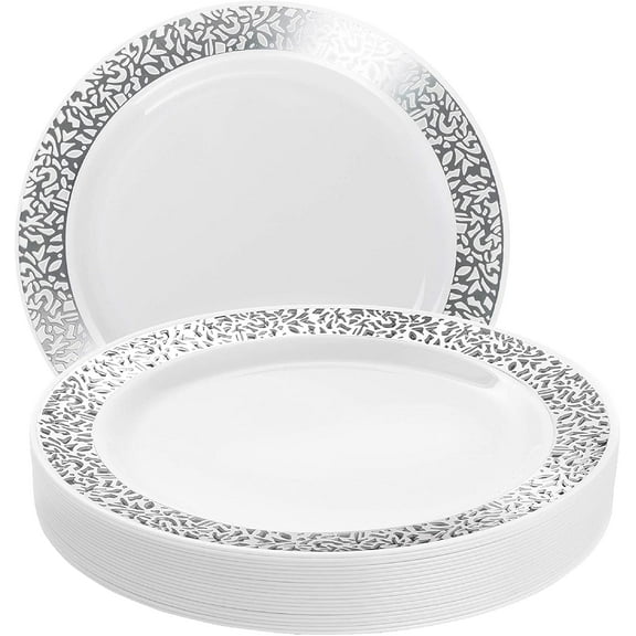 MATANA 20 Premium Plastic Dinner Plate Set with Silver Lace Detail Rim, Multi-Use Dinner Party Plates - 26cm / 10"