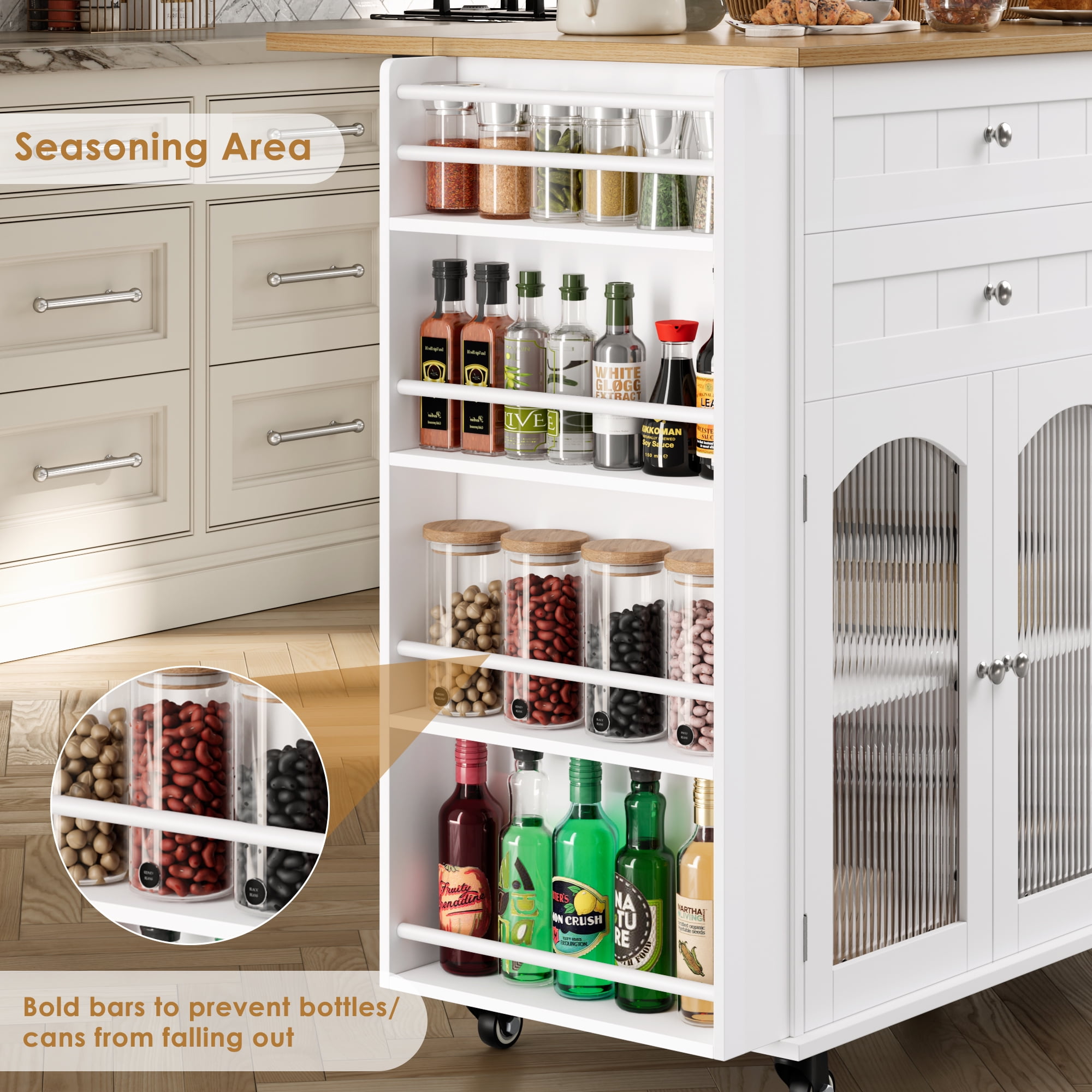 Homfa 43.3" Portable Kitchen Island Cart with Drop Leaf, 3-Doors 2-Drawers Wood Rolling Storage Cart with Spice Rack and Lockable Wheels