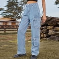 thumbnail image 5 of Defitshape Women's Cargo Jeans Washed Straight Leg Full Length Loose Fit Vintage Fashion Long High Waist Elastic Carpenter Denim Pants Light Blue Medium, 5 of 5