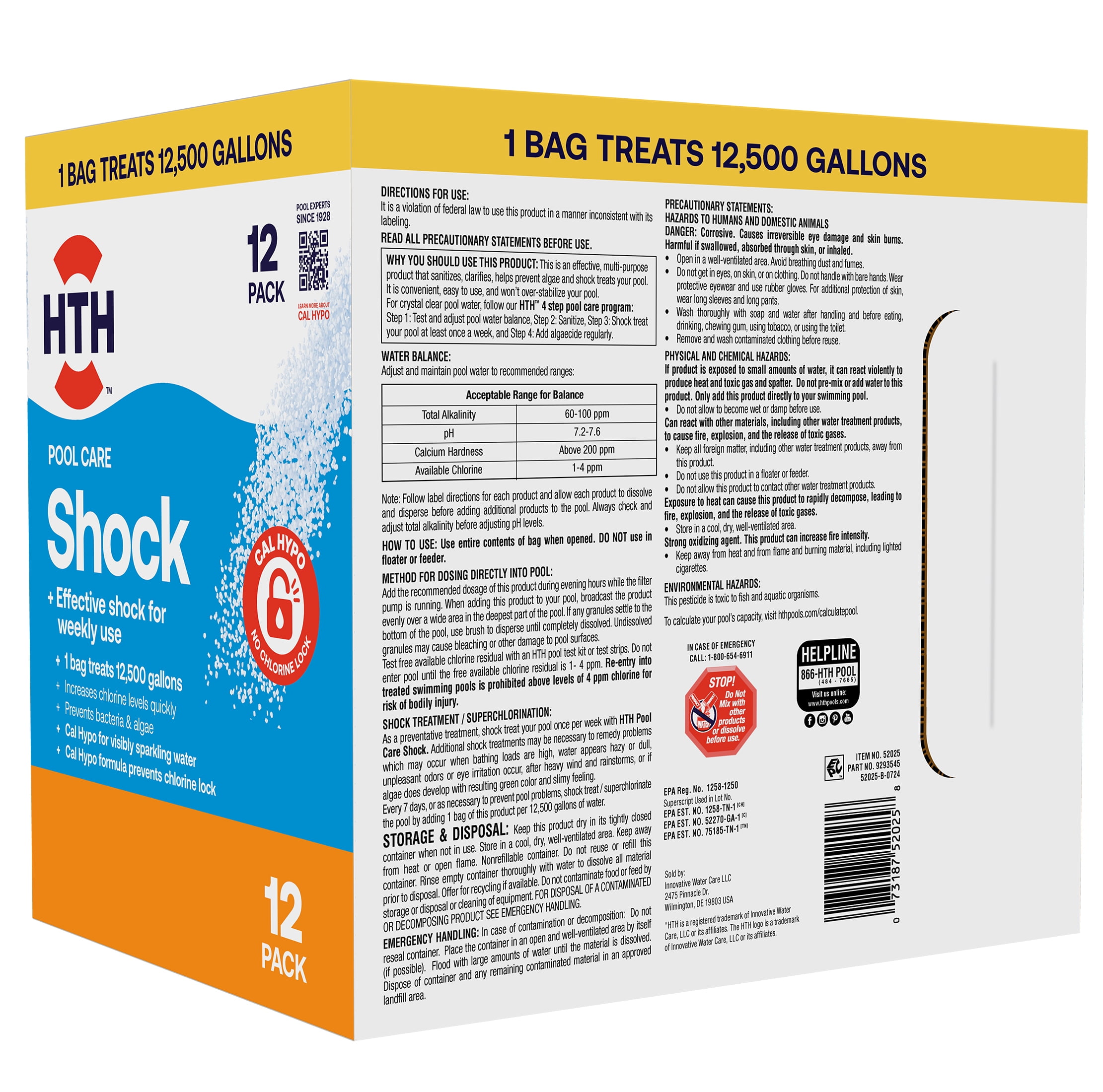 HTH Pool Care Chlorine Shock Granules for Algae Prevention, Fast-Acting, 12 pack