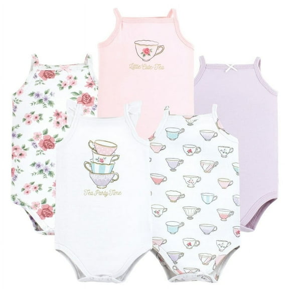Hudson Baby Infant Girl Cotton Sleeveless Bodysuits, Tea Party, 0-3 Months