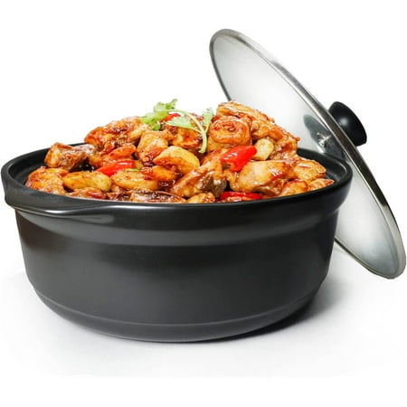 

Casserole Clay Pot Heat-resistant Premium Ceramic Bowls Lid Cooking Soup Black White (Black 60oz)