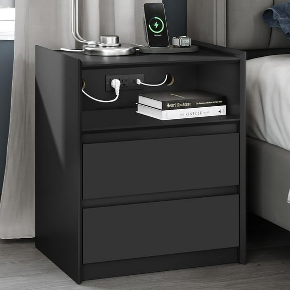 2 Drawers Black Nightstand with Charging Station, 24" Tall Bedside Table End Table for Bedroom or Living Room