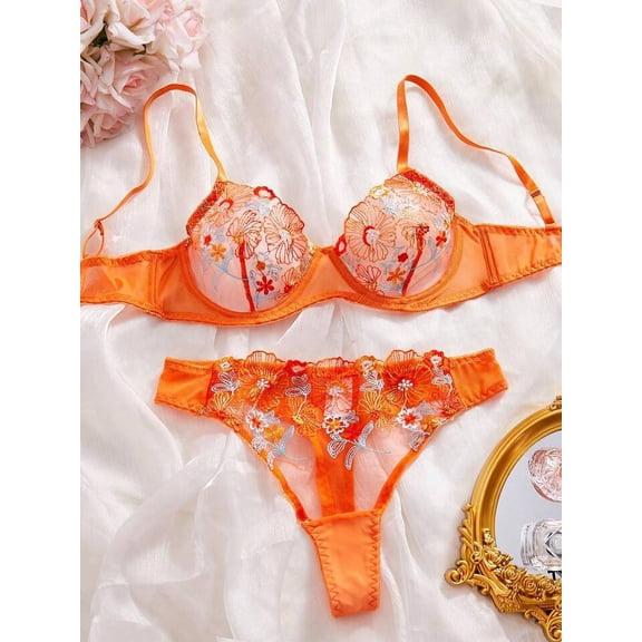 Orange Lingerie Set Sheer Floral Embroidery