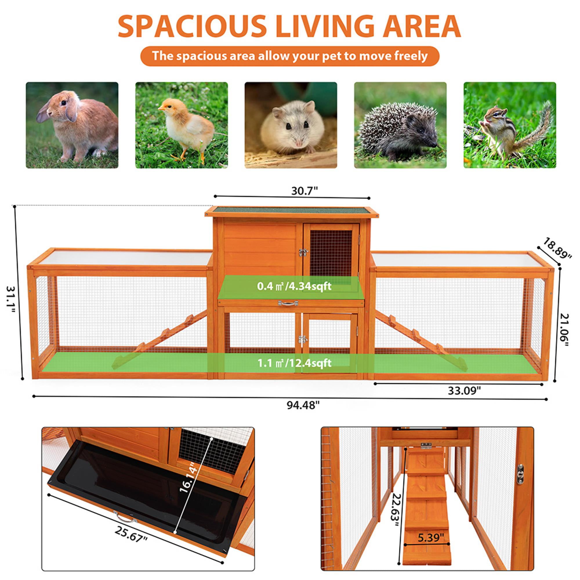 Kadyn 94" Outdoor Large Rabbit Hutch with Run, Wood 2-Story Chicken Coops for 4-6 Rabbits, Pet Cages for Small Animals, Orange