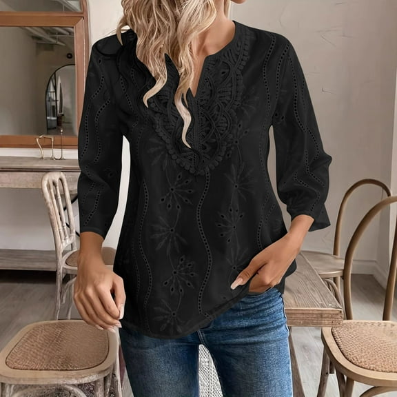 Karight Women's Clothes Solid Color Embroidered Notched-Neck Long Sleeve Shirts Casual Fashion Blouse