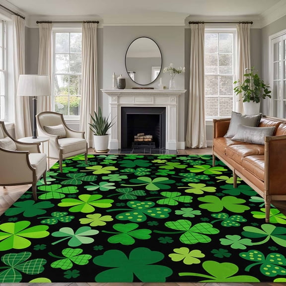 Rectangle Area Rugs 5 x 8 Ft, Saint Patrick's Day Non-Slip Residential Carpet, Spring Farmhouse Botanical Clovers Indoor Crawling Mats Runner Rugs for Living Room/Dining Room/Bedroom
