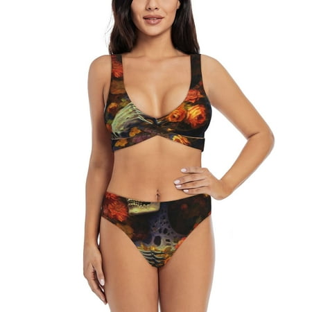 Zeuib Vintage Floral Skull High Waisted Tummy Control Bikini Set - Knot Front Push Up Top & Cheeky Thong Bottom  Two-Piece Swimsuit for Women-Large