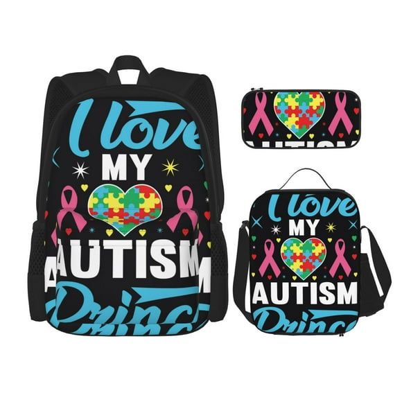 Disketp I Love My Autism Mochila Estampada de Gran Capacidad con Lonchera y Estuche, Set de 3 Piezas para Estudiantes
