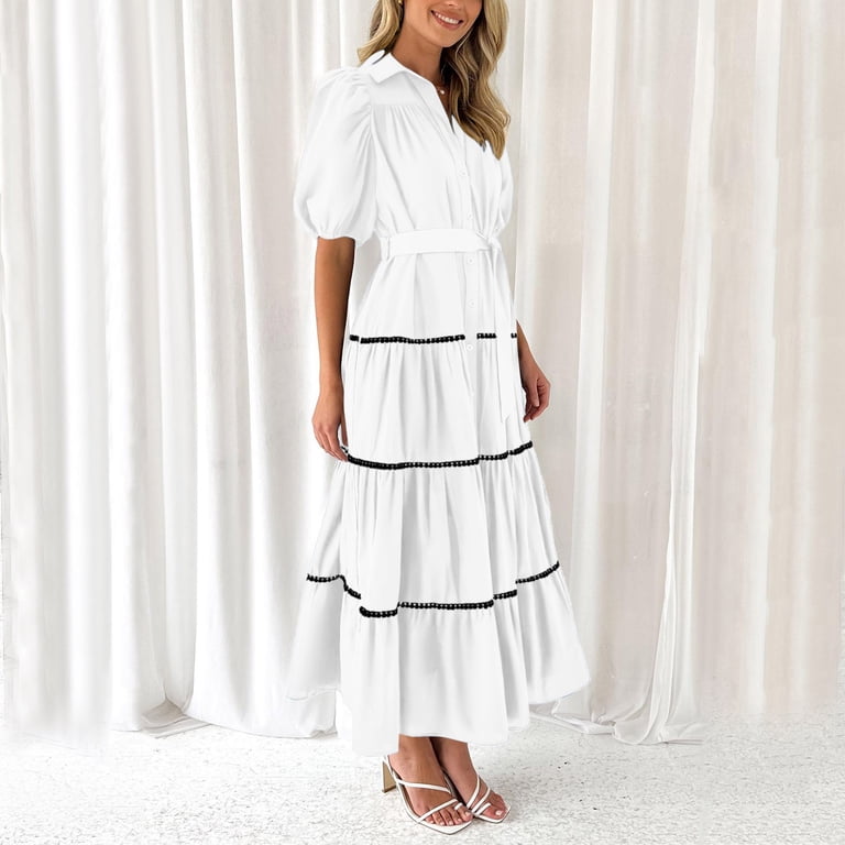 Riforla Women's Summer Button Down Shirt Dress Short Puffy Sleeve Tiered  Ruffle Flowy Long Maxi Dresses White XL - Walmart.com