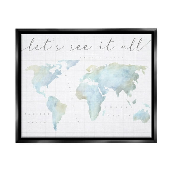Stupell Industries Let's See It All World Map Typography Painting Black Floater Framed Art Print Wall Art