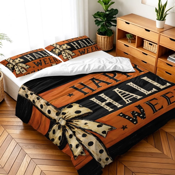 Queen Size 3 Pieces Duvet Cover Sets Happy Halloween Words on Wood Bedding Set,Microfiber Soft Comforter Cover with Pillow Shams,Luxury Quilt Covers for Bedroom Decor Black Brown Striped