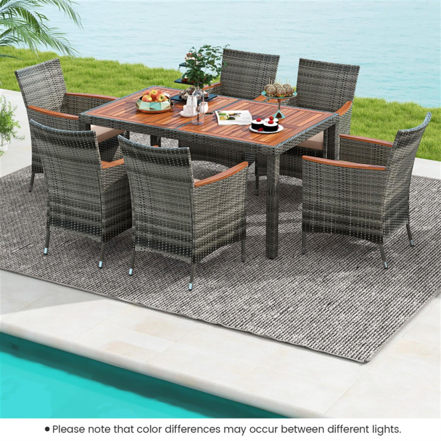 Demi Bonn 7 Pieces Patio Furniture Set, Cushioned PE Rattan Wicker Acacia Wood Dining Set with Umbrella Hole, Conversation Dining for Garden Poolside Balcony, Gray