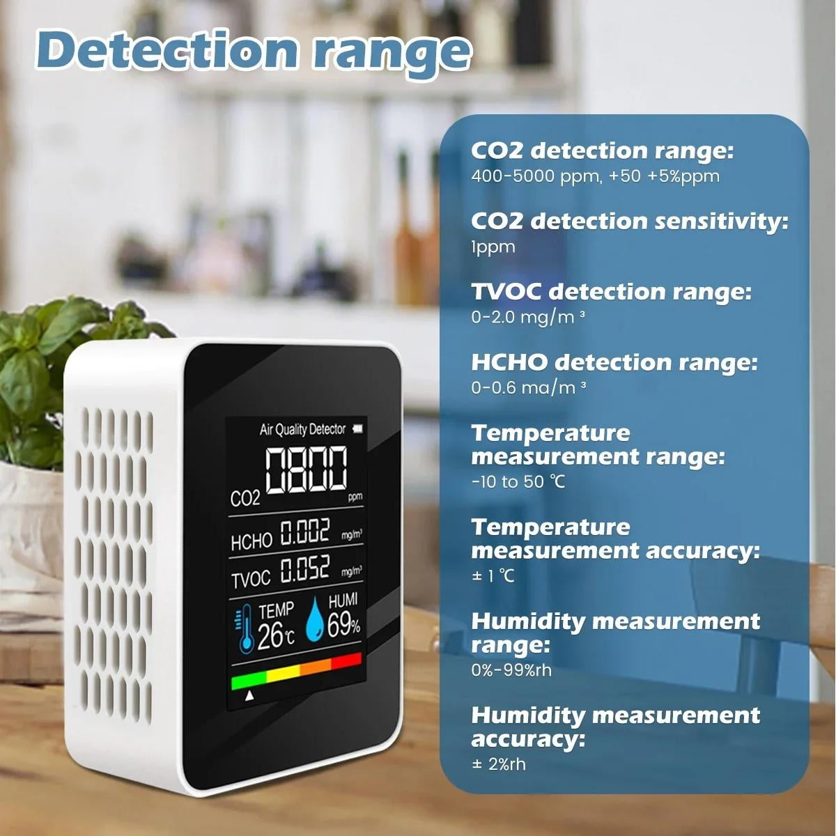 5 in 1 Air Quality Monitor CO2 Meter Carbon Dioxide Detector CO2 CO TVOC HCHO PM2.5 PM1.0 PM10 Temperature Humidity Detection