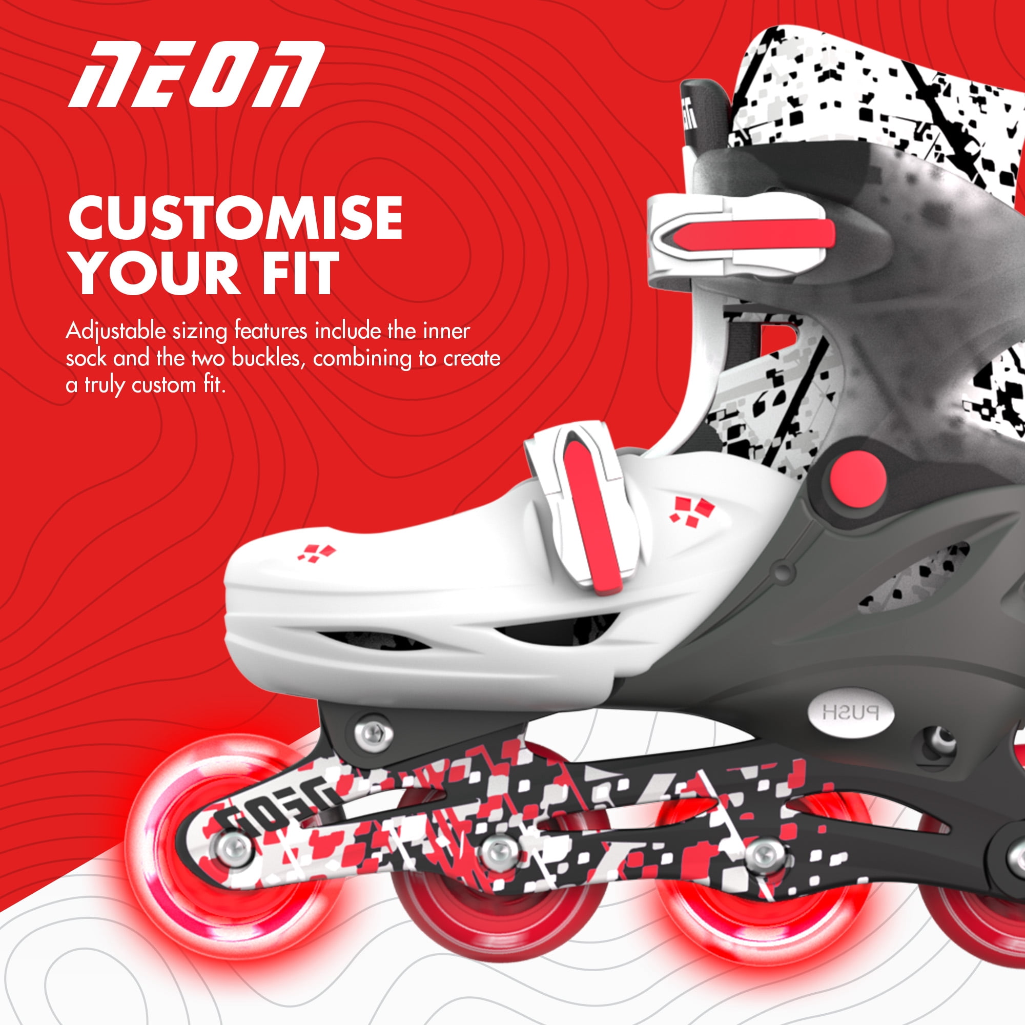 Yvolution Neon Roller Skates 2 in 1 Inline Skates and Quad - Girls and Boys Skate, Size 12-2 Adjustable, One Pair, Red