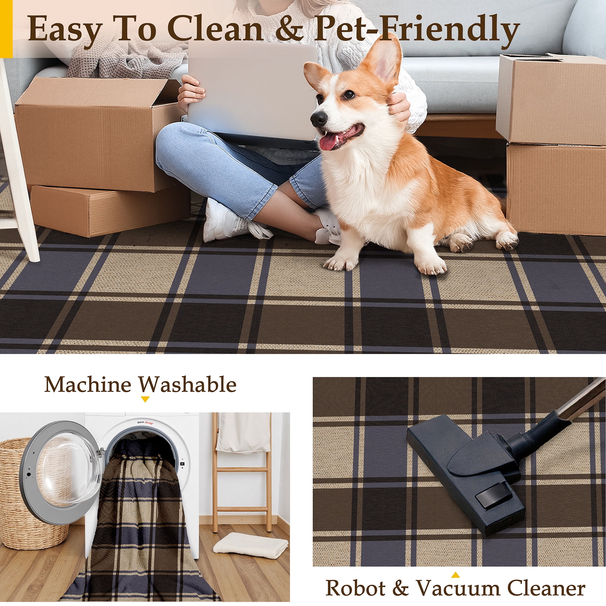 WIPONKEN 5'x7' Easy Jute Checkered Area Rugs for Living Room, Dining Room Office Neutral Carpet Farmhouse Outdoor Patio Checkerboard Washable Non Slip Geometric Rug, Blue Checkered